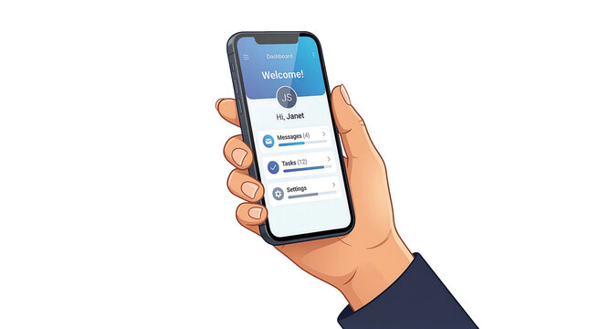 Hand holding smartphone with dashboard app on transparent background