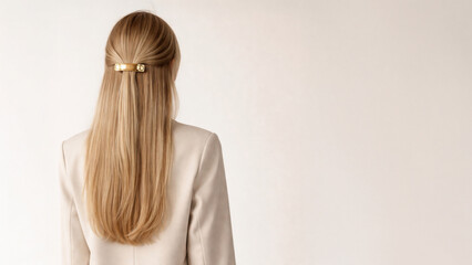 Naklejka premium Back view of a woman with long blonde hair wearing a blazer on a white background, professional beauty look, hair care concept, minimalist style. copyspace