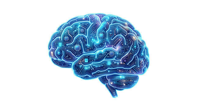 Glowing circuit board brain on transparent background