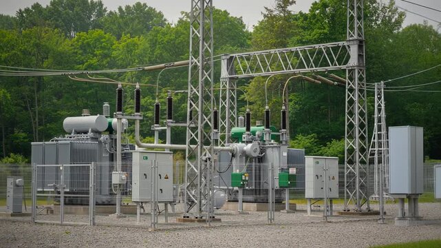 Industrial electrical power substation with transformers and green forest background