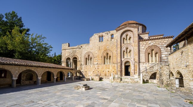 Byzantine sacred building, Daphni Monastery, Dafni, near Athens, Attica, Greece