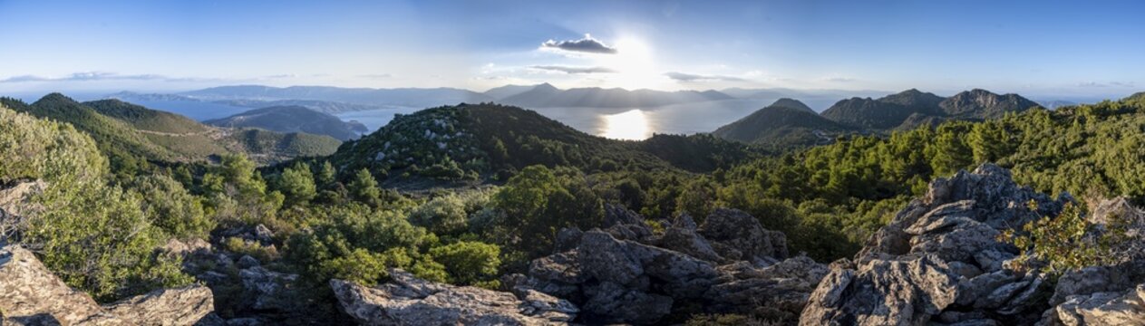 Volcanic peninsula Methana, view over the sea and landscape with mountains and extinct volcanoes, Saronic Gulf, Peloponnese, Greece
