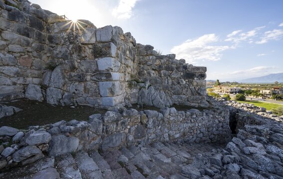 Ruins of the Mycenaean site of Tiryns, excavation site, Peloponnese, Greece