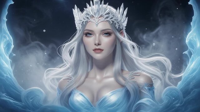 Fantasy portrait of ice queen with silver crown and flowing white hair in magical winter mist