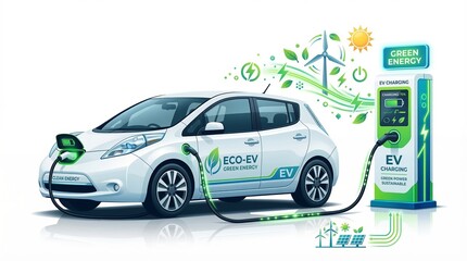 Naklejka premium White electric car charging at eco-friendly station with solar panels and wind turbine