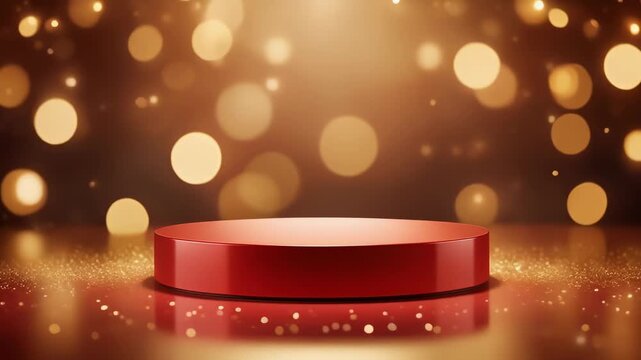 Red round podium with golden bokeh background for product display and luxury presentation