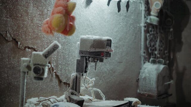 Abandoned workshop scene after nuclear winter, wide view of frozen workbench with drill press and hanging plush toy, icicles and settled snow on rusted equipment, cracked concrete wall and chained