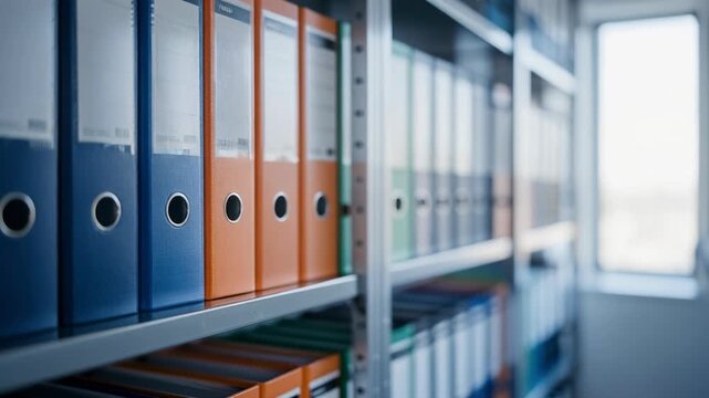 Organized office binders and folders on metal shelves in a bright workspace for efficient document storage