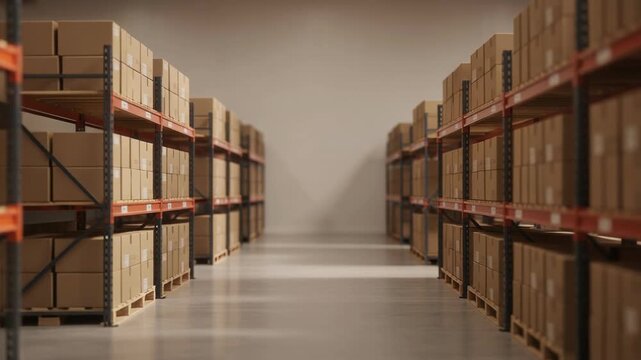 Spacious warehouse storage with organized cardboard boxes on metal shelves for logistics and inventory management