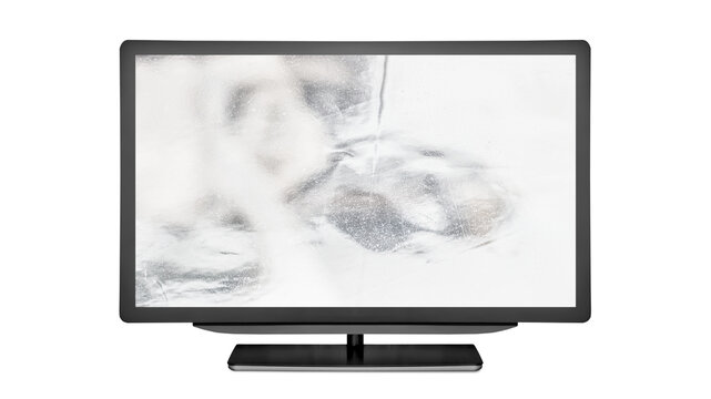 Modern flat television screen with glossy glass display isolated on transparent PNG background, blank TV monitor mockup with reflections for media and design.