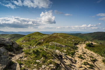 Bieszczady Mountains trekking trail panorama during golden hour  © Snowboy