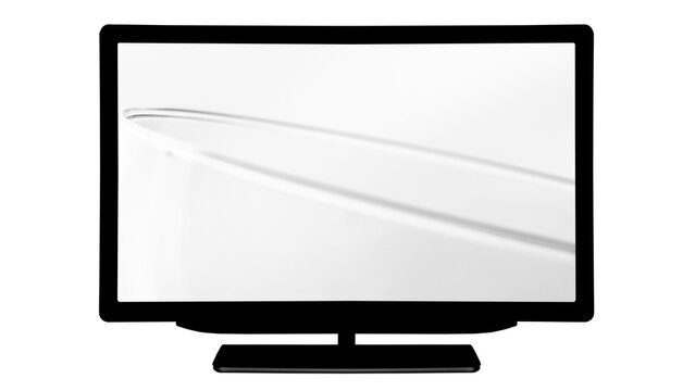 Modern flat television screen with glossy glass display isolated on transparent PNG background, blank TV monitor mockup with reflections for media and design.