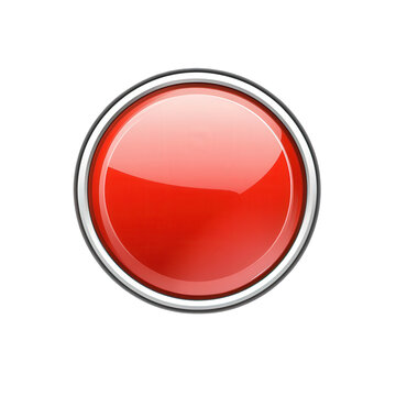 Bot&oacute;n rojo brillante con borde met&aacute;lico cromado aislado sobre fondo blanco para dise&ntilde;o de interfaz de usuario y aplicaciones web.