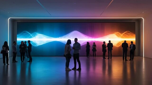 People viewing colorful light installation art.