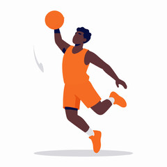 Action shot of a young Black male basketball player performing a powerful slam dunk, flat vector illustration of an athletic African American man in mid-air, sports and fitness concept © Gayan