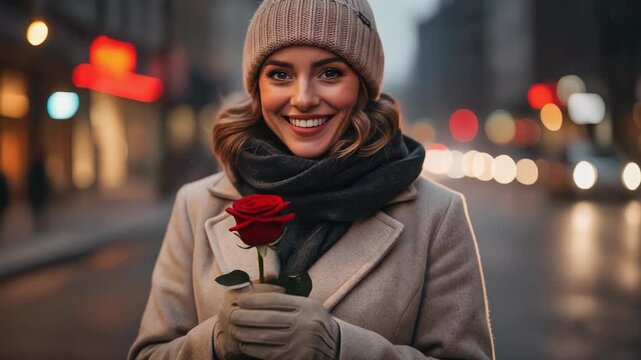 Smiling woman wearing winter coat and hat holding a red rose on a city street at night with blurred lights