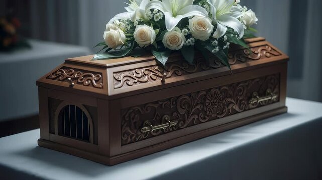 Wooden casket decorated with white lily and rose bouquet. Funeral service interior setting. Memorial rite ceremony for mourning and final farewell to loved one.