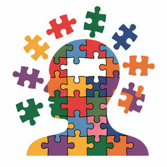 Naklejka premium Conceptual illustration of a human head silhouette made of colorful puzzle pieces with missing parts.