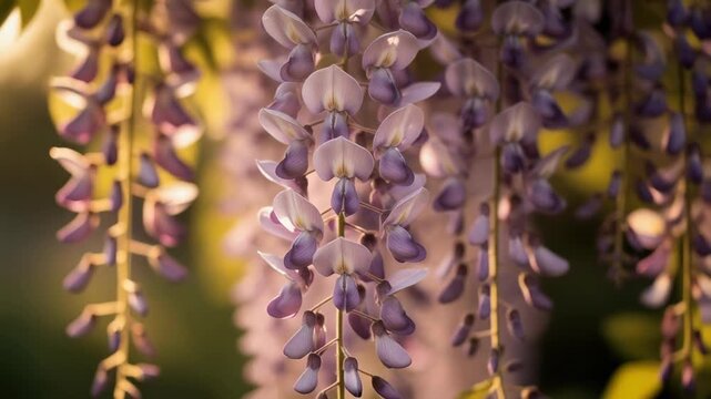 Close up of beautiful purple wisteria flowers hanging in soft natural sunlight