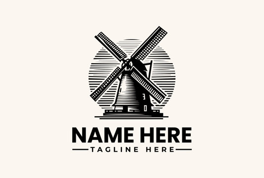 A black and white illustration of a windmill logo with a circular background and sample text on a beige background, conveying a classic and industrial feel.