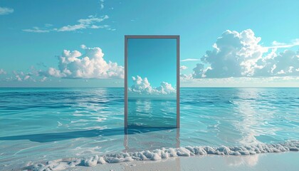 Fototapeta premium Surreal frameless mirror standing upright in shallow tropical ocean water reflecting the bright blue sky.