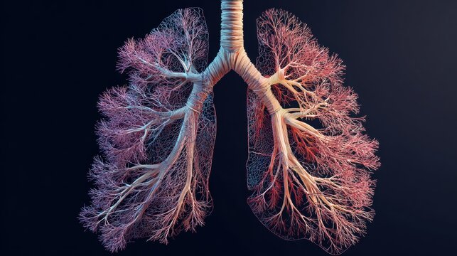 Abstract rendering of branching pulmonary bronchioles with vibrant illumination