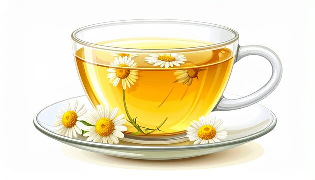Soothing Herbal Chamomile Tea in Glass Cup with Fresh Daisies, Isolated Vector Illustration for Wellness and Health Concepts