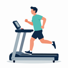 Fototapeta premium Athletic young adult man running on a treadmill indoors for daily fitness workout, wearing white tank top and blue shorts, healthy active lifestyle concept