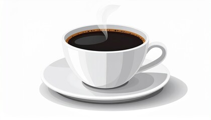 Obraz premium Minimalist Vector Illustration of Steaming Hot Black Coffee in a White Ceramic Cup and Saucer Isolated on White
