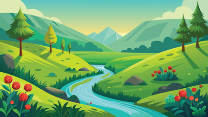 Obraz premium A serene vector landscape featuring a winding river flowing through lush green hills and mountains