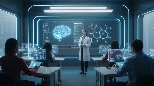 Science teacher explaining molecular structures.