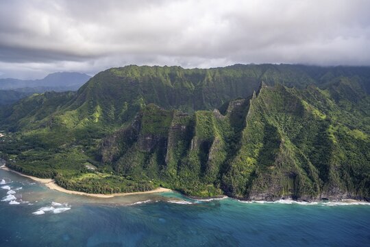 Aerial view of the Nā Pali Coast and Haena State Park, Kee Beach, Napali Coast, Kauai, Hawaii, USA