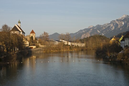View across the Lech River to the Franciscan Monastery, F&uuml;ssen, Bavaria, Germany