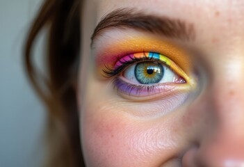 Fototapeta premium Close up of a woman eye with colorful makeup, beauty and skincare concept, vibrant cosmetics look, fashion portrait detail, creative style.