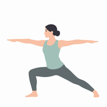 Flat vector illustration of an adult East Asian woman in her 30s practicing a warrior yoga pose at home in athletic wear, depicting fitness