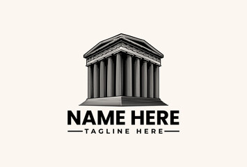 A grayscale illustration of a building with columns and a triangular roof, accompanied by placeholder text for a name and tagline, set against a plain background. © vectorvovdesign