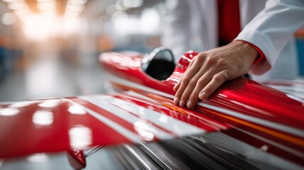 Fototapeta premium A wind tunnel engineer adjusting aerodynamic scale model aircraft mounted on testing rig. Concept of aircraft making.