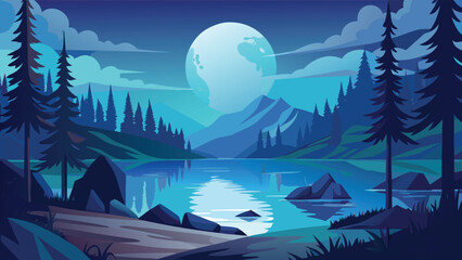 A serene blue night landscape featuring a large glowing full moon over a calm mountain lake scene © CreativeKamrul