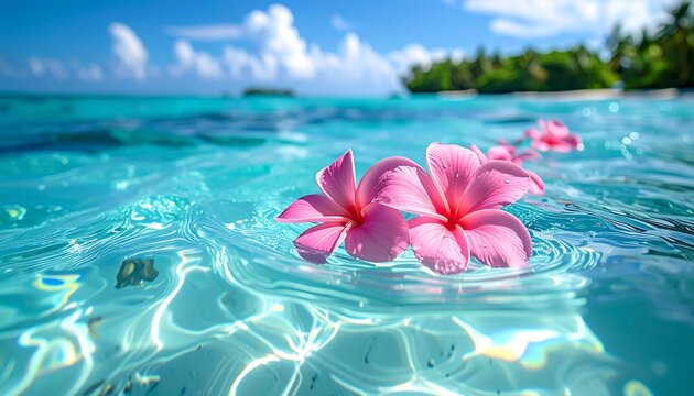 Pink flowers float on turquoise water