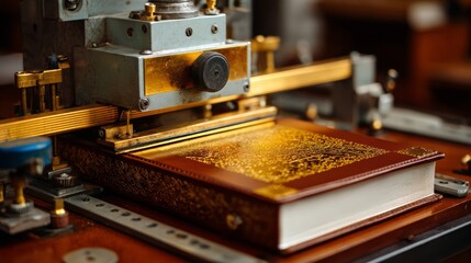 Fototapeta premium A leather book cover embossing machine pressing gold foil title onto the cover. Concept of embossing and hot stamping.