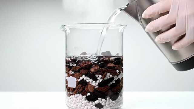 Hand in Glove Pouring Hot Water From Kettle Into Beaker With Bark Chips and Perlite