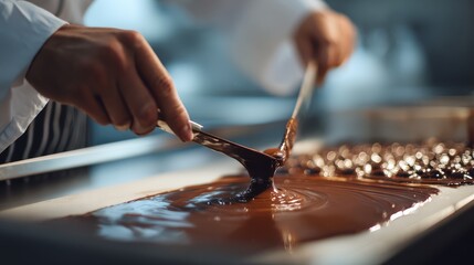 A chocolatier tempering melted chocolate on marble slab. Concept of chocolate tabling.