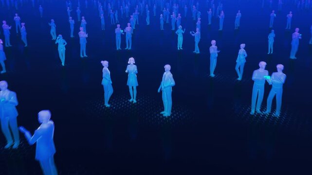 Loopable 3D Animation of Crowd of People in Dark Blue Digital Space. Representation of People by Their Avatars in Virtual World of Social Media, Internet and Content. Futuristic Digital Society.