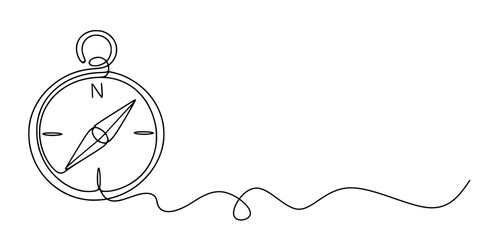 Compass Continuous Line Drawing,Minimalist continuous-line drawing of a compass in circular form with cardinal directions (N, E, S, W) and a needle pointing, attached to a trailing cord symbolizing na © Sa_e