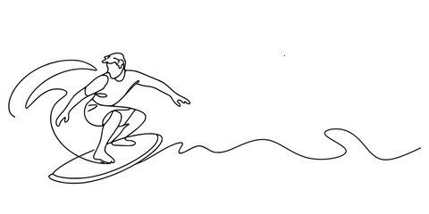 Surfer Riding Wave Line Art, Minimalist continuous-line drawing of a surfer crouched on a surfboard, riding a stylized wave that curves fluidly across the image, emphasizing motion and elegance