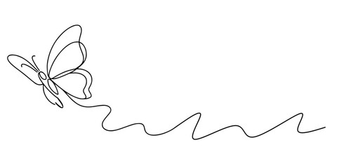 Butterfly in Flight Line Art, Minimalist continuous-line drawing of a butterfly in flight, with wings spread and a trailing wavy line illustrating its graceful motion. © Sa_e
