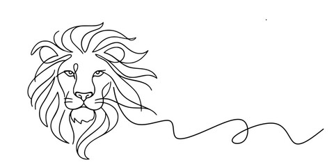 Lion Head with Mane, Minimalist continuous-line drawing of a lion’s head with flowing mane © Sa_e