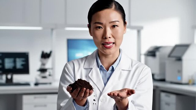 Scientist in Lab Coat Holding Soil Sample and Explaining Its Properties