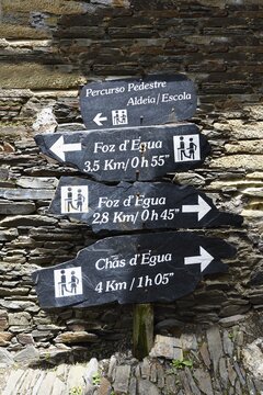 Trail signpost in the mountain village of Piodao, Serra da Estrela, Beira Alta, Portugal