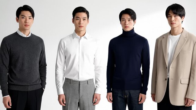 Four Asian Men Posing in Stylish Casual and Formal Outfits Against White Background
